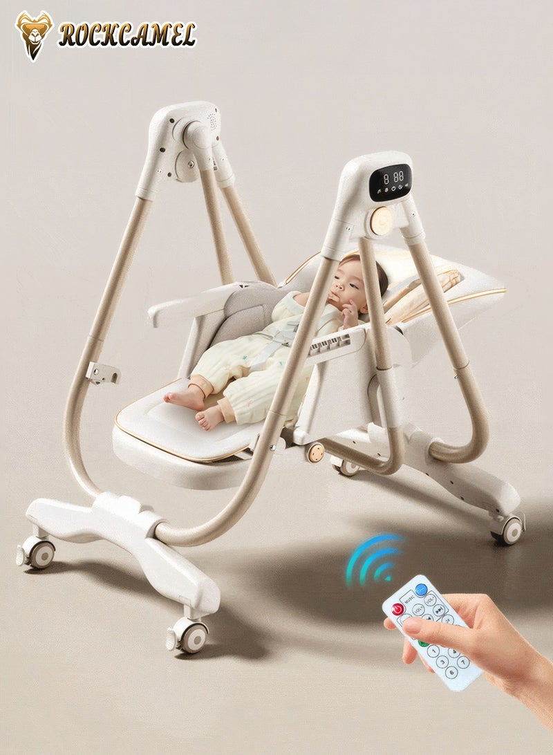 ROCKCAMEL 2-in-1 Electric Baby High Chair & Rocker with Remote Control, 8-Level Rocking Speed & Height Adjustment, Rechargeable Rocking Chair with Wheels, 3-Stage Timer & Music, Foldable Infant Feeding Chair(White) - Image 2